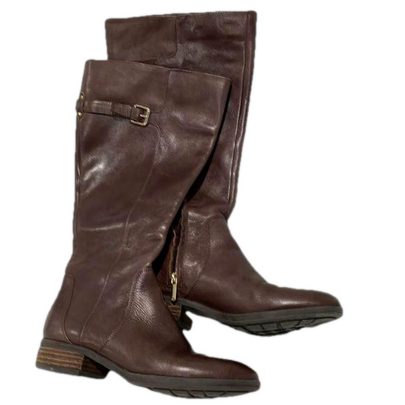 Riding boots Sam Edelman brown leather with gold buckle and 1/2 zipper - Picture 1 of 9